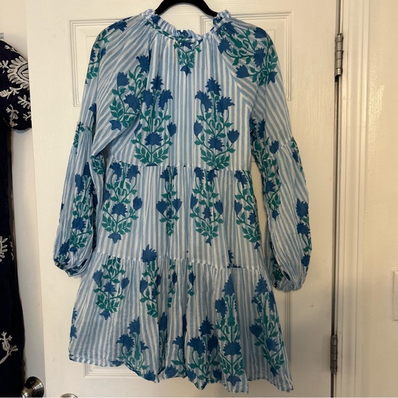 OLIPHANT Balloon Sleeve Short Jaipur Blue Stripe Dress Size M - Picture 5 of 5